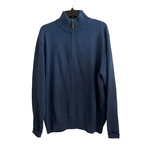J. Peterman Sweater Men Medium Blue 100% Cotton Leather Pull Quarter Zip Preppy - Picture 1 of 6